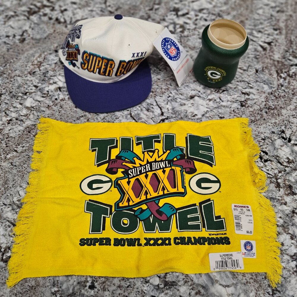 NEW SET OF GREEN BAY PACKERS SUPER BOWL XXXI CHAMPIONS HAT, TOWEL, COOZIE HOLDER